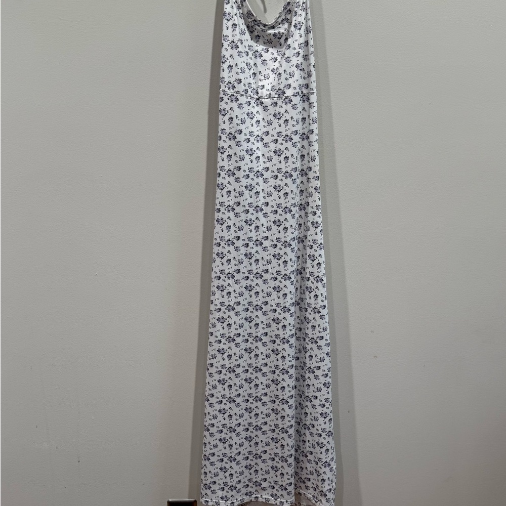 White Floral Print Halter Maxi Dress